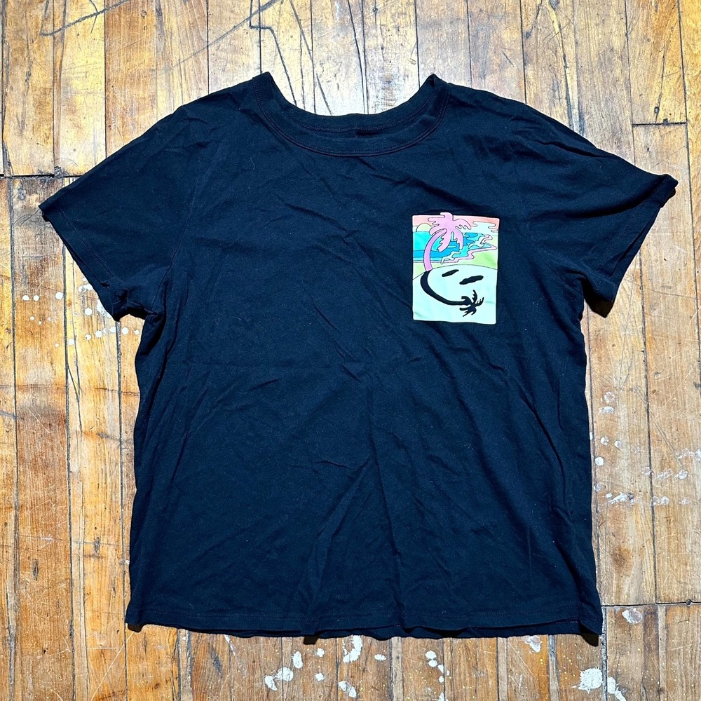 Old Navy Tee Shirt Women's Large Black‎ Tropical Smiley Graphic Short Sleeve